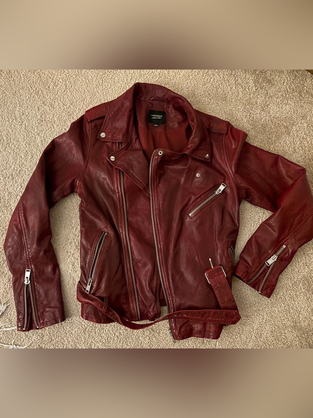 Lamarque Burgundy Leather Moto Jacket with Silver Hardware